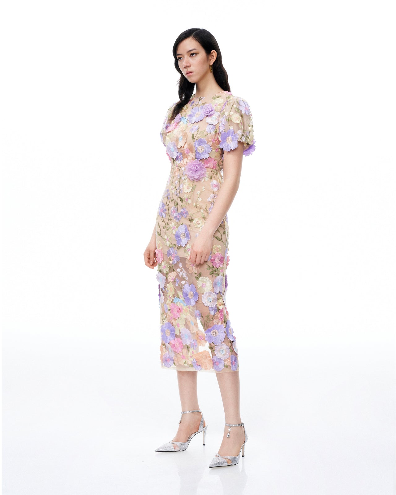 Alaric Round Neck 3D Floral Embroidered Maxi Dress - Pastel Multi