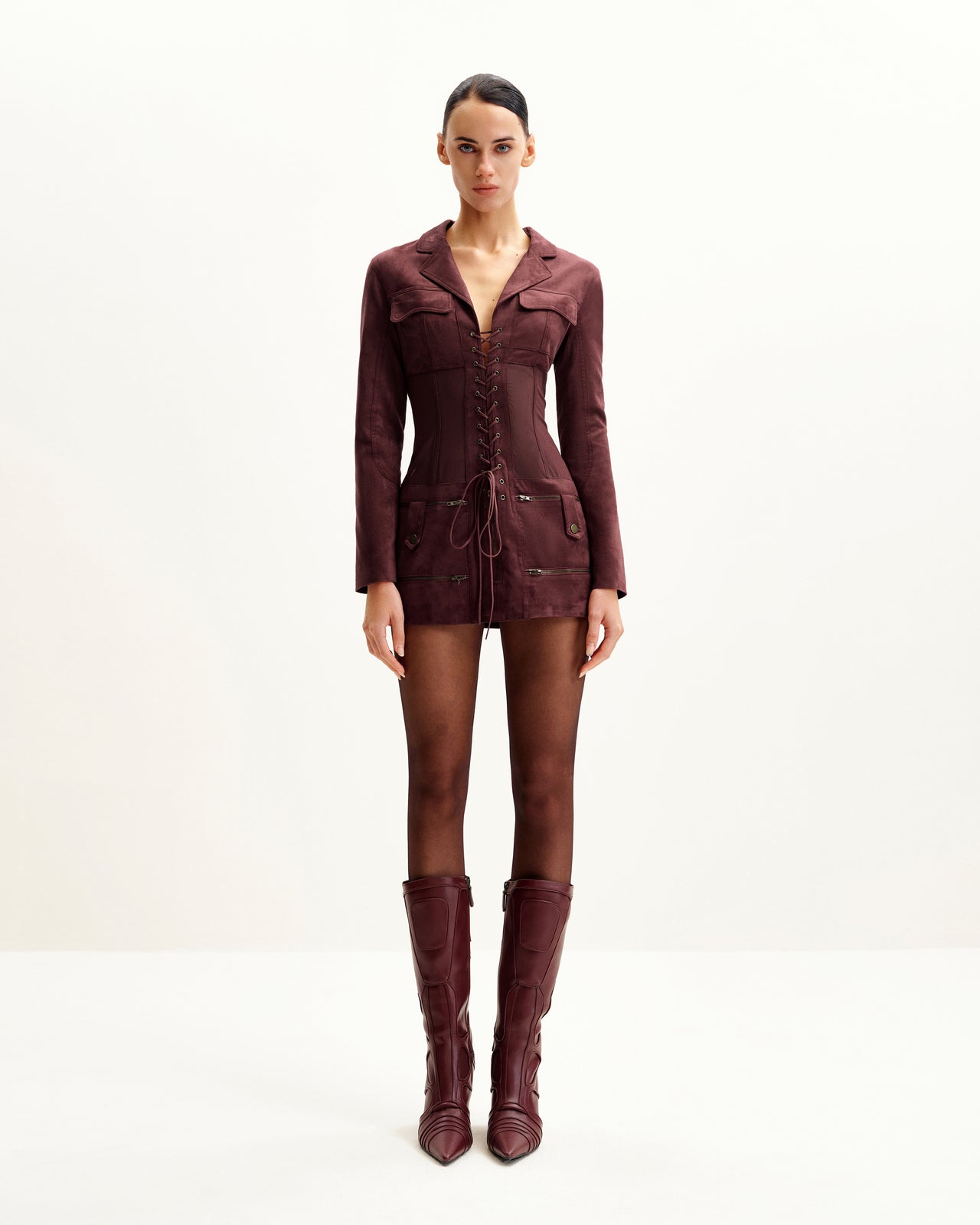Faux Suede Corset Jacket Mini Dress - Claret