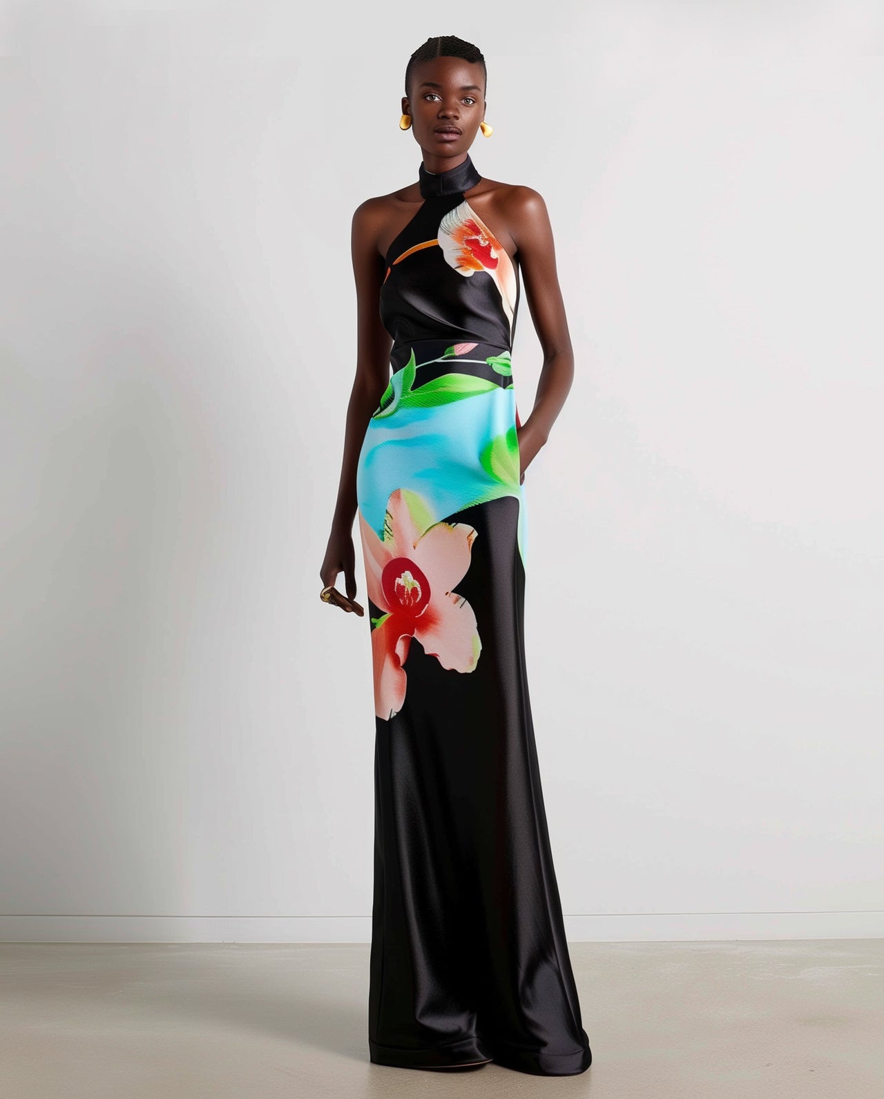 Floral Satin Halter Dress - Multicolor Black