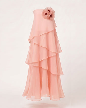 Poppy Embroidered Strapless Asymmetric Ruffle Maxi Dress - Blush Pink