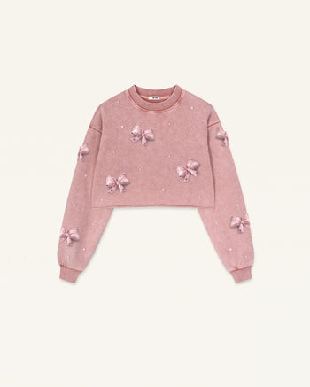 Coquette 3D Satin Bow Pearl Sweatshirt - Vintage Pink