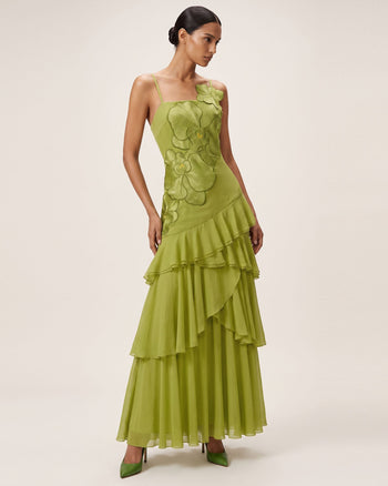 Orchid Embroidered Ruffled One-Shoulder Maxi Dress - Olive Green