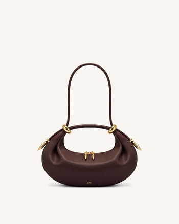 Ellie Metal Ring Embellished Crescent Top Handle Bag - Dark Brown
