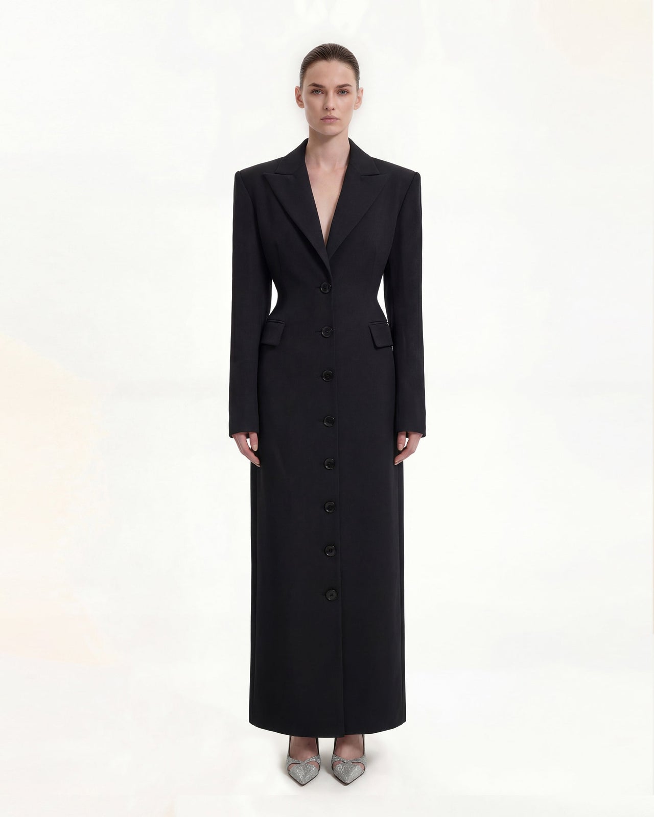 Structured Shoulder Fitted Lapel Maxi Coat - Black