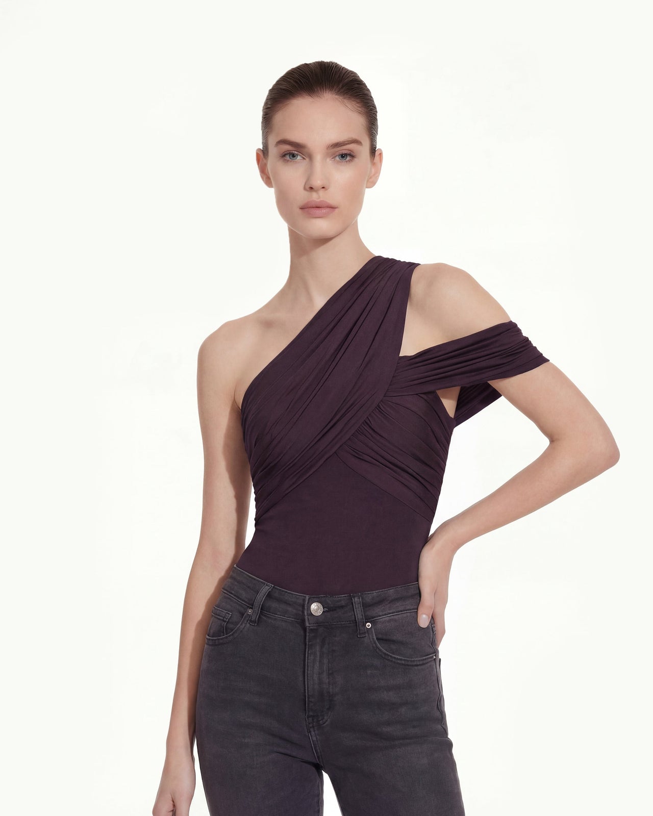 Ruched Asymmetric One-Shoulder Top - Burgundy