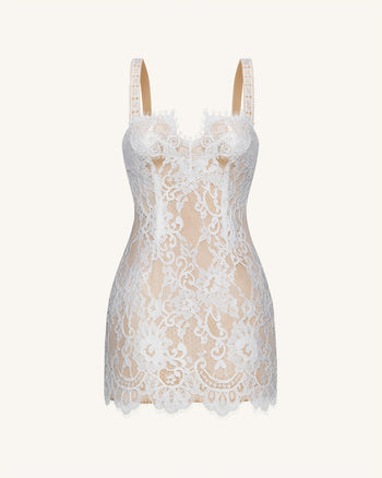 Eyelash Lace Bustier Bodycon Dress - White