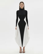 Monochrome Paneled Long-Sleeve Maxi Dress - Black