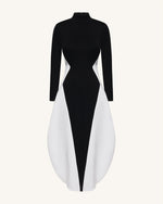 Monochrome Paneled Long-Sleeve Maxi Dress - Black