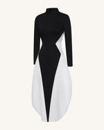 Monochrome Paneled Long-Sleeve Maxi Dress - Black