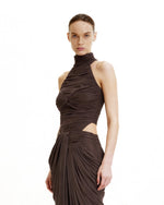 Ruched Twist-Front Halter Bodysuit - Brown