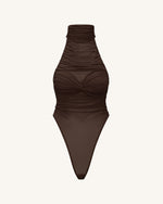 Ruched Twist-Front Halter Bodysuit - Brown