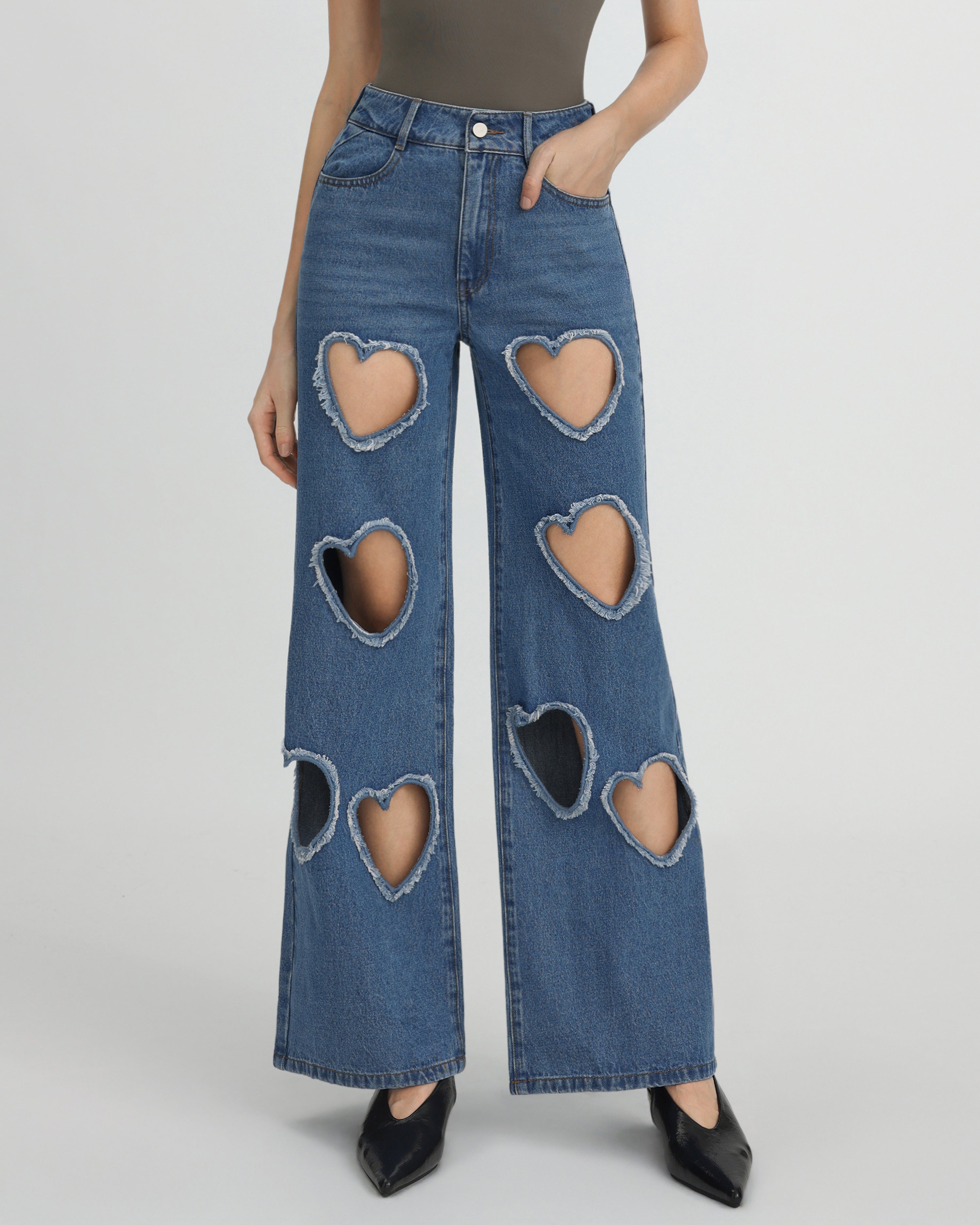 Sophia Embellished Heart Cut-Out Denim Jeans - Medium Blue - JW