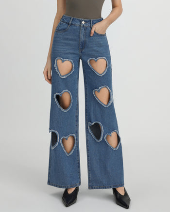Sophia Embellished Heart Cut-Out Denim Jeans - Medium Blue