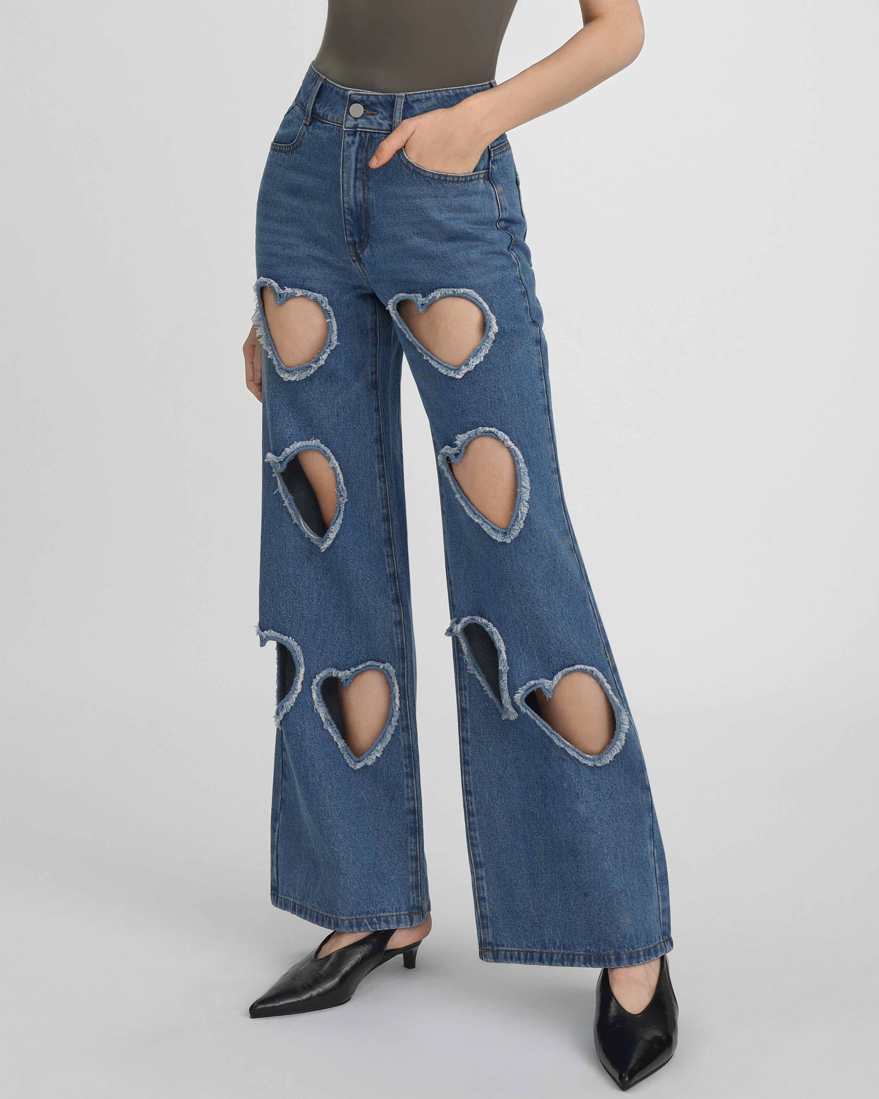 Sophia Embellished Heart Cut-Out Denim Jeans - Medium Blue - JW