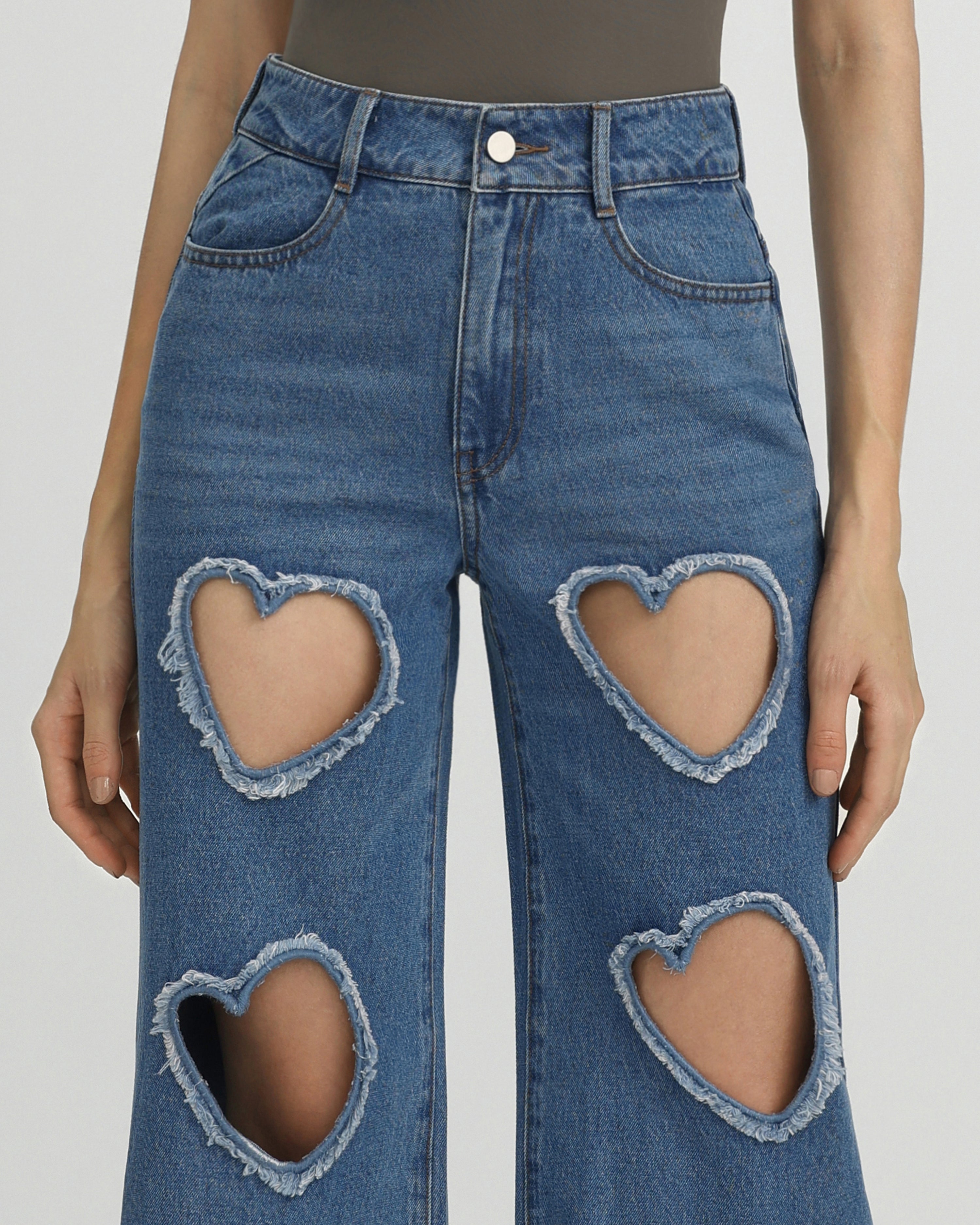 Sophia Embellished Heart Cut-Out Denim Jeans - Medium Blue - JW