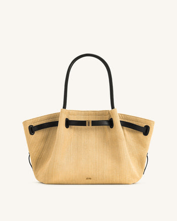 Hana  Medium Faux Straw Tote Bag - Brown Straw