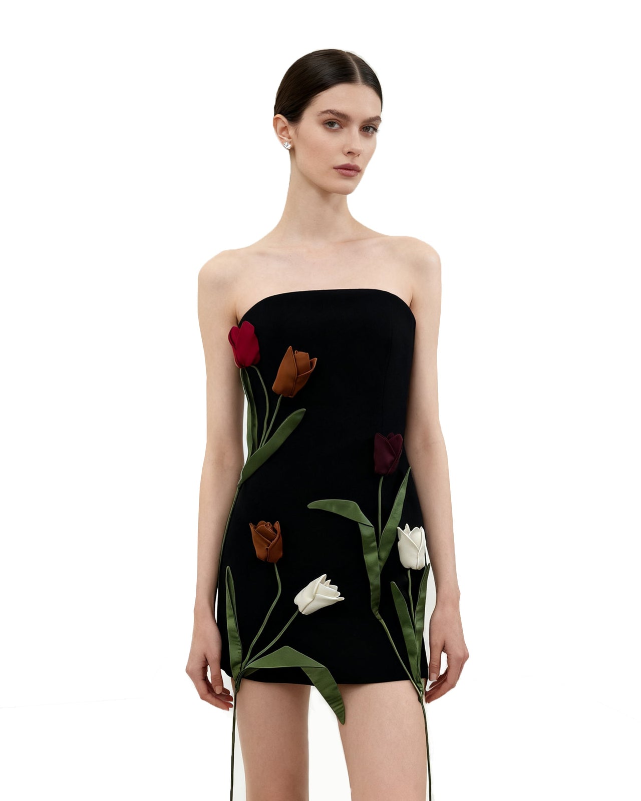 Tulip Appliqué Strapless Dress - Black