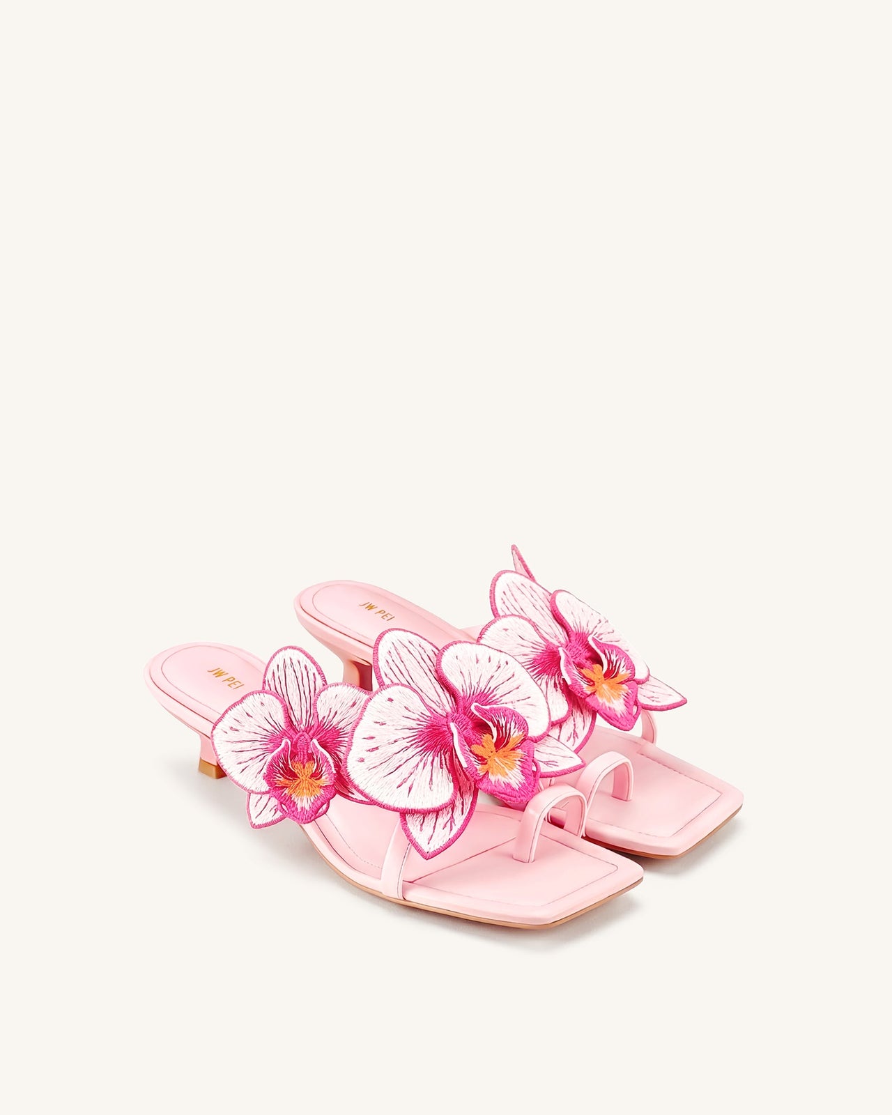Serena Orchid Embroidered Toe Ring Heeled Sandals - Baby Pink