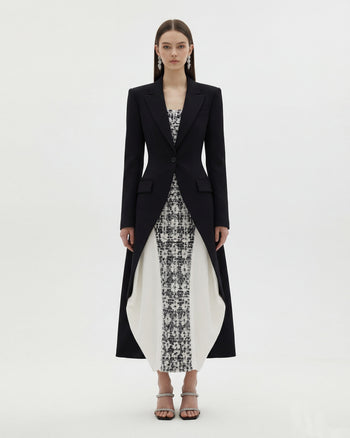 Structured Peak-Lapel Cutaway Maxi Blazer - Black