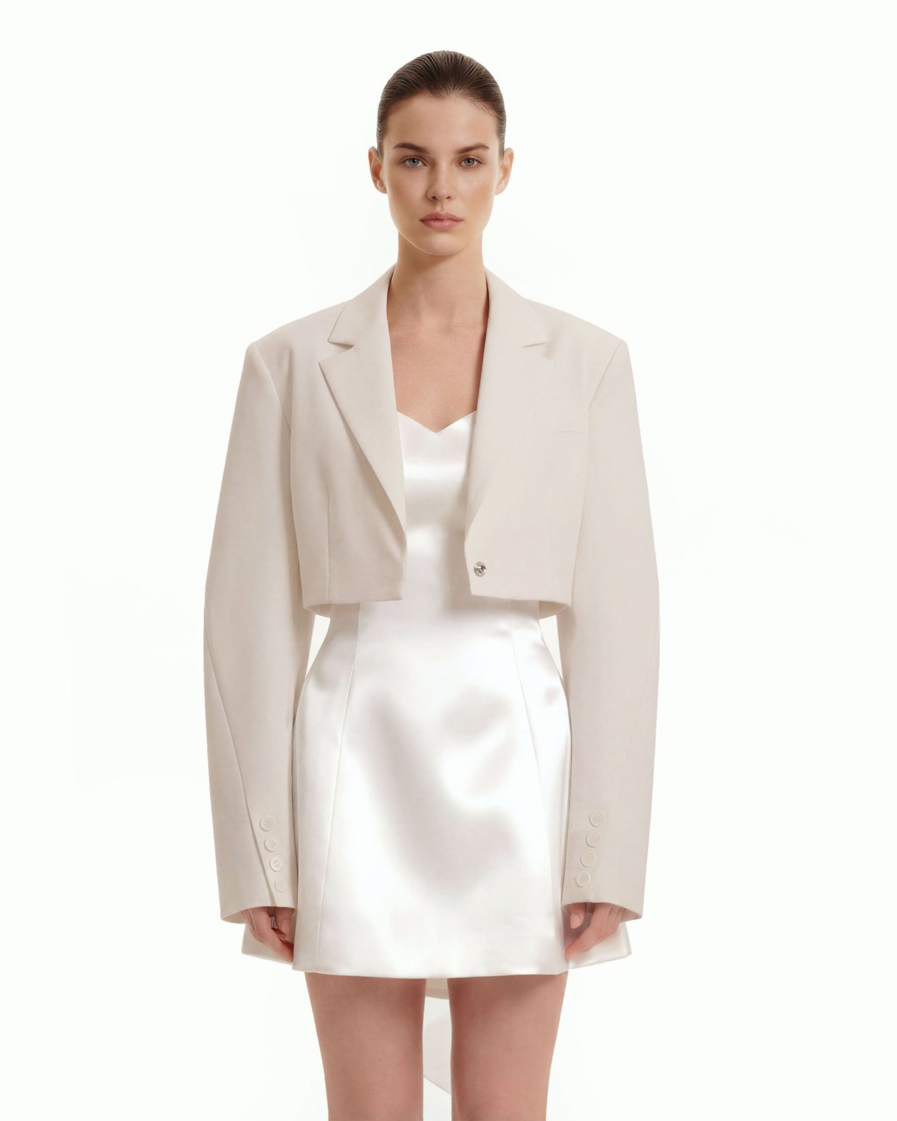 Structured Power-Shoulder Cropped Blazer - Beige