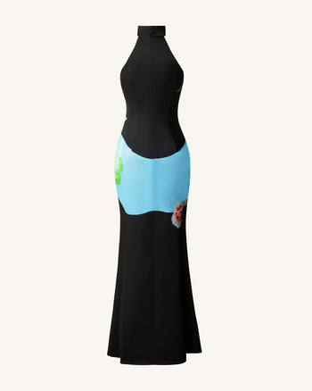 Floral Satin Halter Dress - Multicolor Black