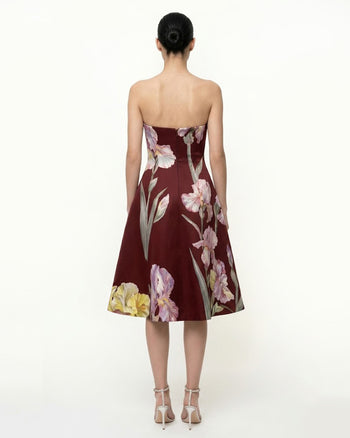 Iris Floral Print Strapless A-Line Dress - Burgundy