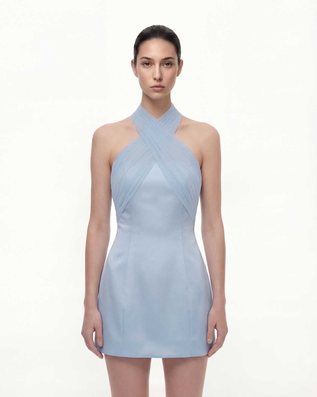 Satin Mini Dress with Tulle Cross-Halter - Blue