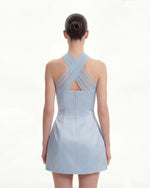 Satin Mini Dress with Tulle Cross-Halter - Blue