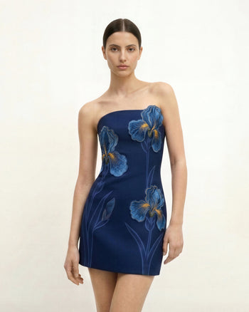 Iris Floral Print Strapless Dress - Navy blue