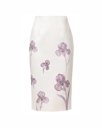 Iris Print High-Waisted Pencil Midi Skirt - White/Purple