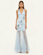 Orchid Embroidered Sheer Hem Halter Maxi Dress - Light Blue