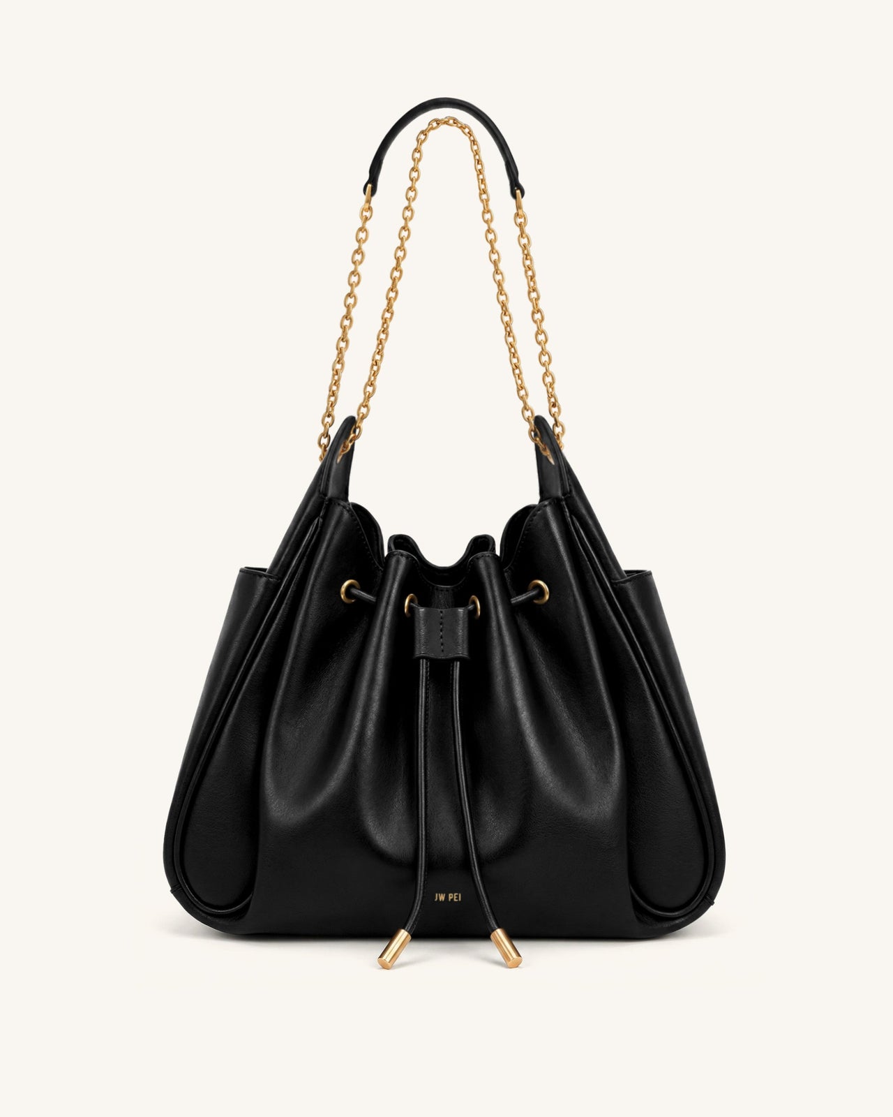 Rowan Ruched Drawstring Chain Bucket Bag - Black