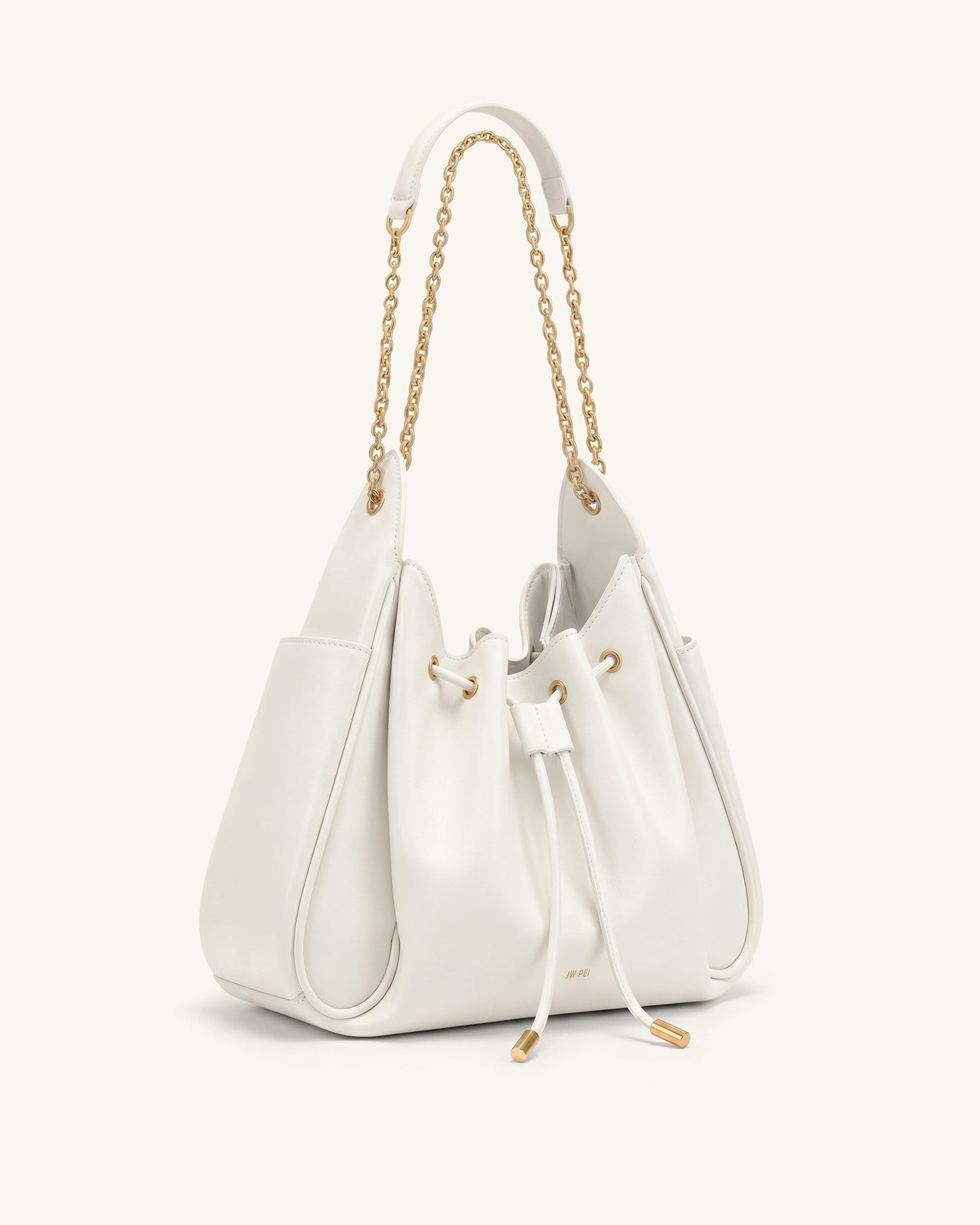 Rowan Ruched Drawstring Chain Bucket Bag - Ivory