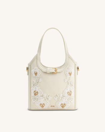 Brooke Mini Belted Embellished Orchid Beaded Top Handle Bag - Ivory