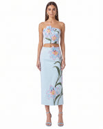 Lily Floral Embroidered High Waist Pencil Midi Skirt - Light Blue