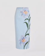 Lily Floral Embroidered High Waist Pencil Midi Skirt - Light Blue