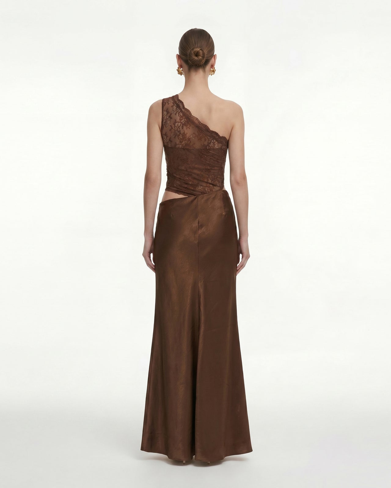 Floral One Shoulder Satin Dress - Brown