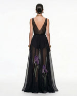 Sheer Floral Print Maxi Dress - Black
