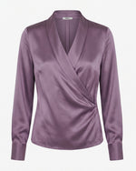 Satin Wrap V Neck Long Sleeve Blouse - Dusty Mauve
