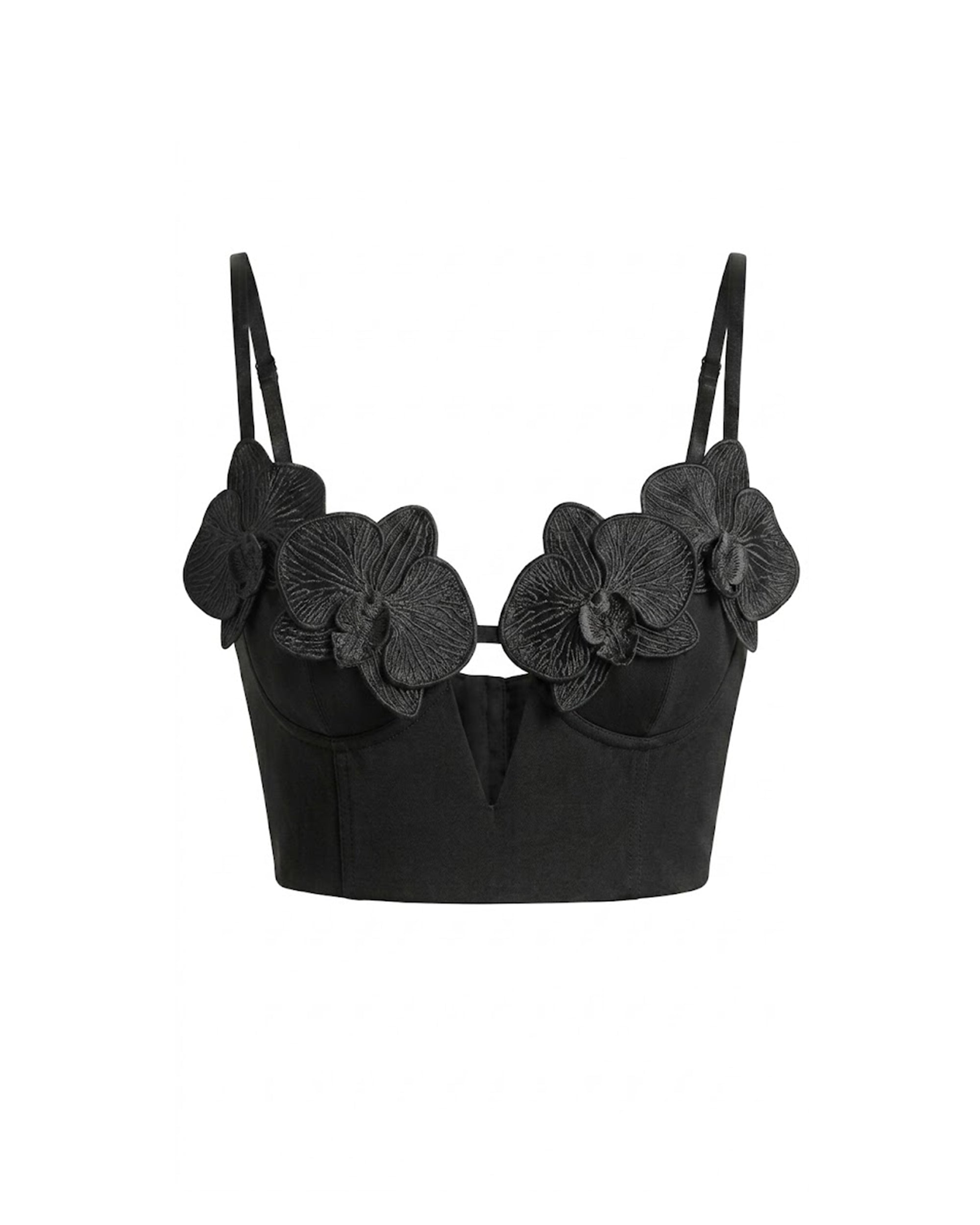 Orchid Embroidered Appliqué Corset Bustier Top - Black - JW PEI LATAM