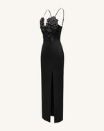 3D Floral Strappy Maxi Dress - Black