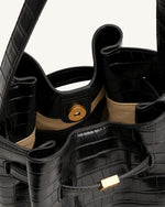Clara Lock Accent Bucket Shoulder Bag - Black Croc