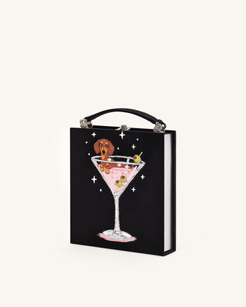 Taya Wine Glass Puppy Pattern Book Shape Clutch Bag - Black