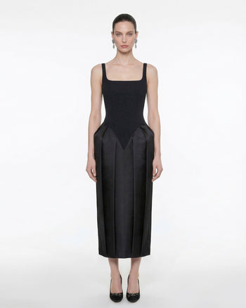 Square Neck Pannier Midi Dress - Black