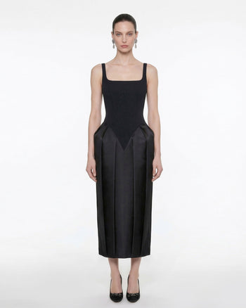Square Neck Pannier Midi Dress - Black
