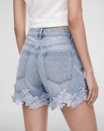 The Petal Applique Denim Shorts - Morning Dew