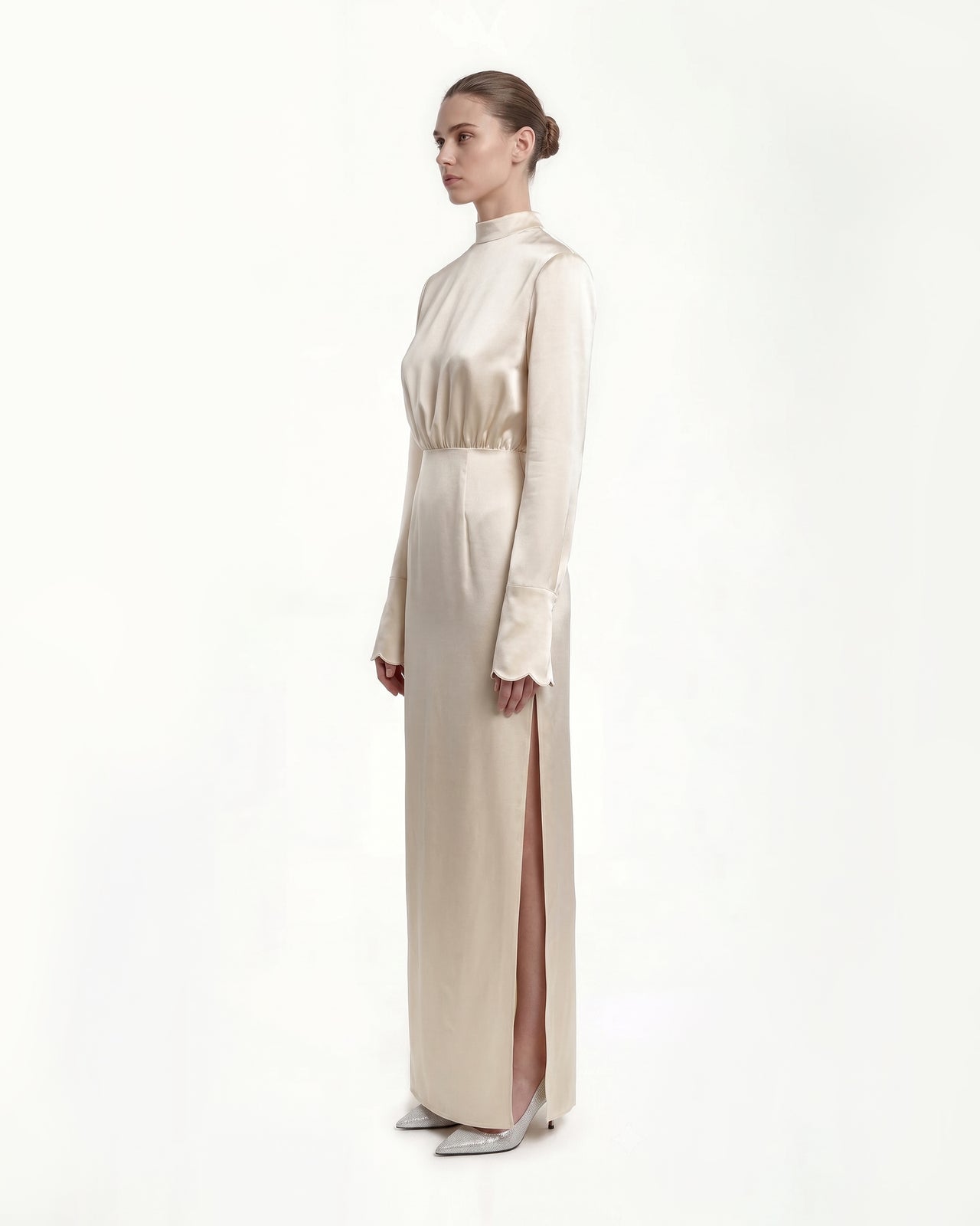 Structured Shoulder Design Satin High-Neck Fitted Maxi Dress - Cream