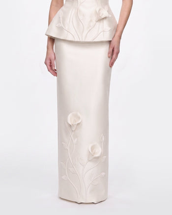Floral Appliqué Vine Maxi Skirt - White