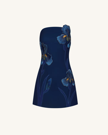 Iris Floral Print Strapless Dress - Navy blue