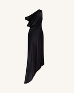 Satin Draped One-Shoulder Asymmetric Dress - Black